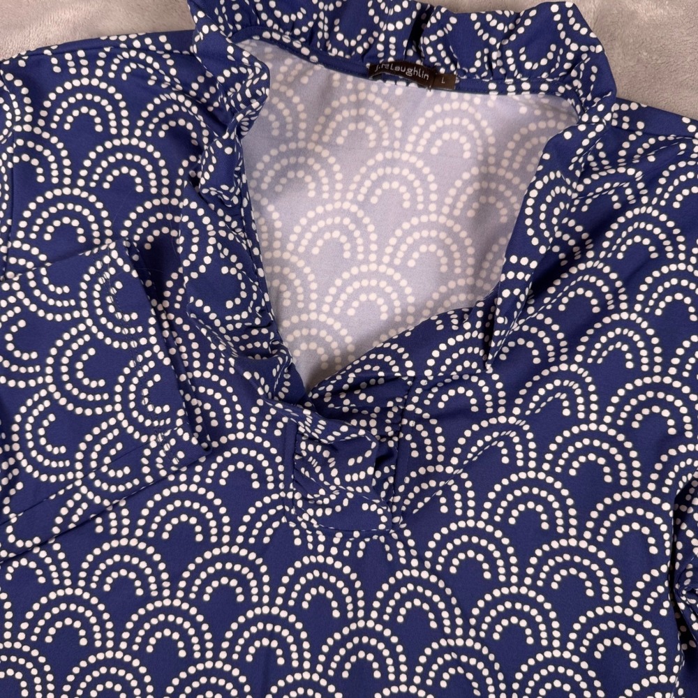J.McLaughlin Catalina Cloth Top Navy White Scallop Dot Ruffle Neck 3/4 Sleeve L